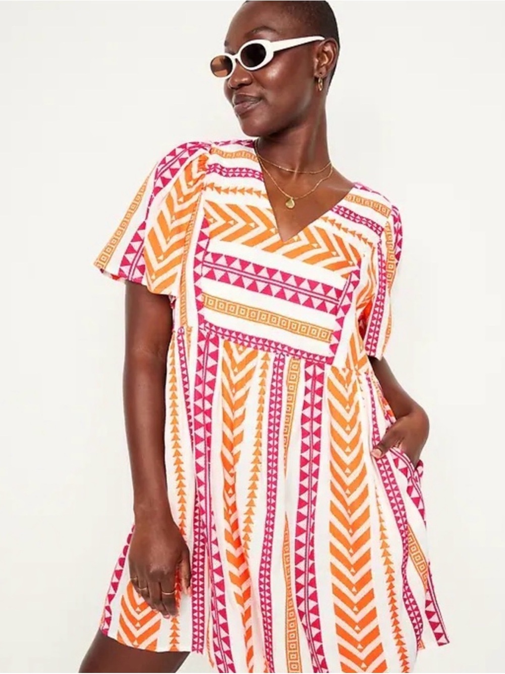 Old Navy Pink & Orange Striped V-Neck Dress - Picture 1 of 7